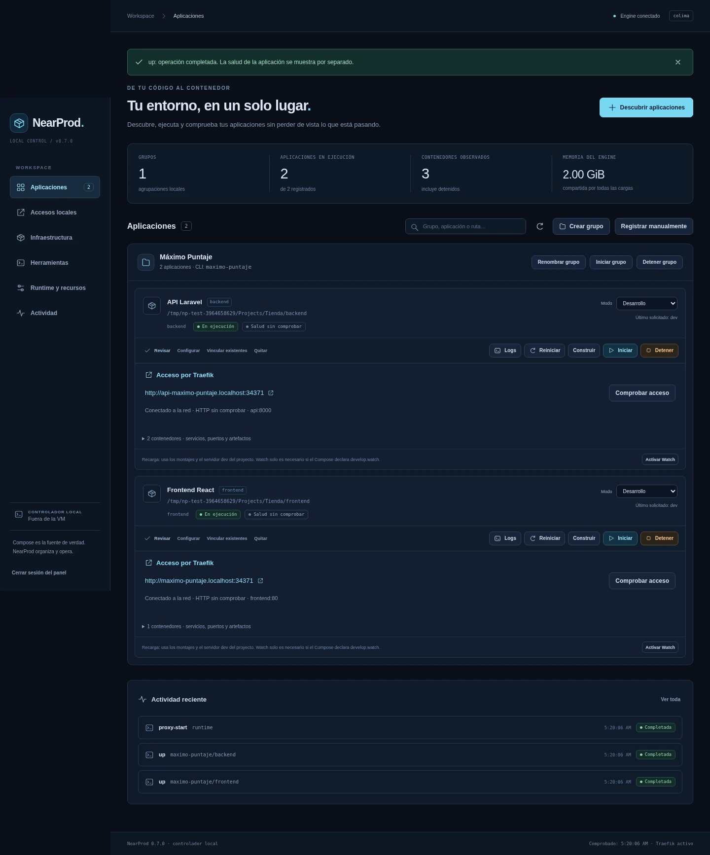 Panel real de NearProd: grupo con backend y frontend, estados, acciones y URLs de Traefik.
